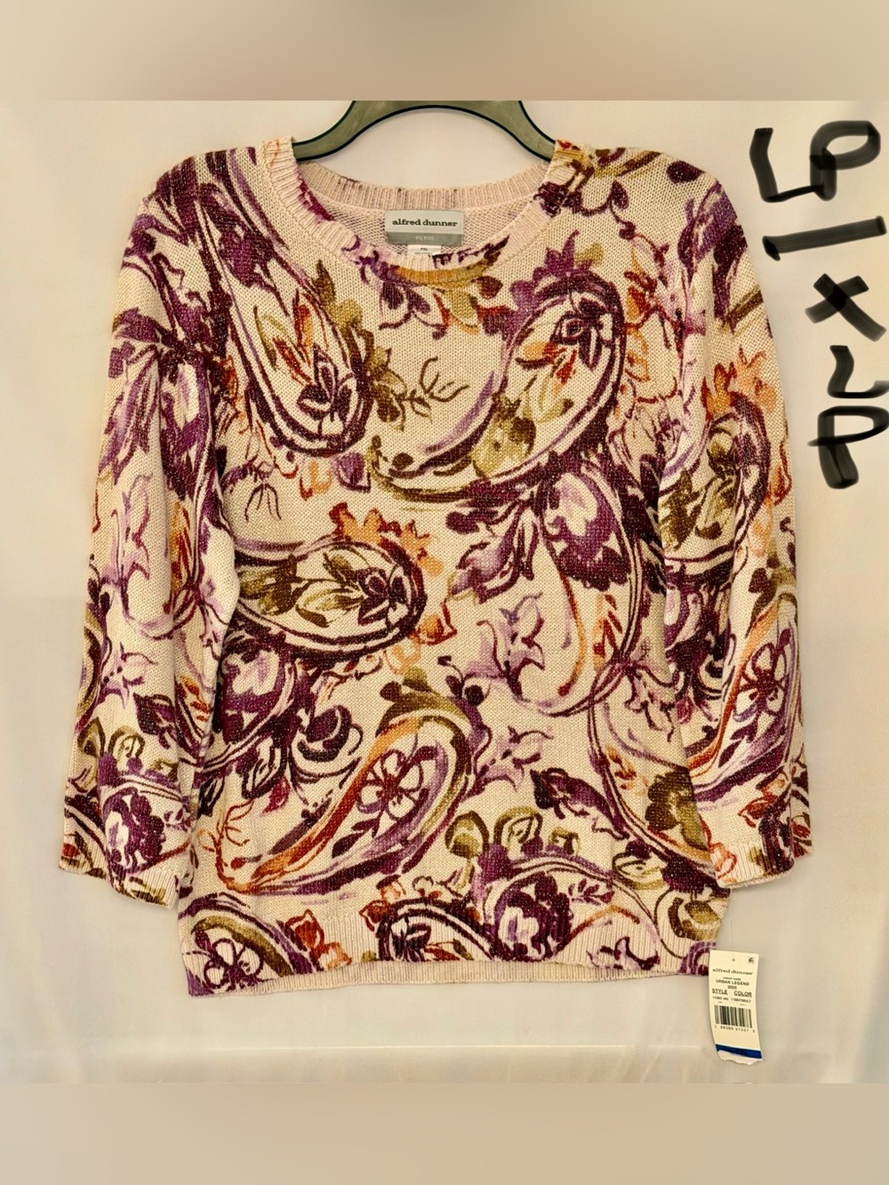 Alfred Dunner Cream Sweater with Purple & Olive Paisley
